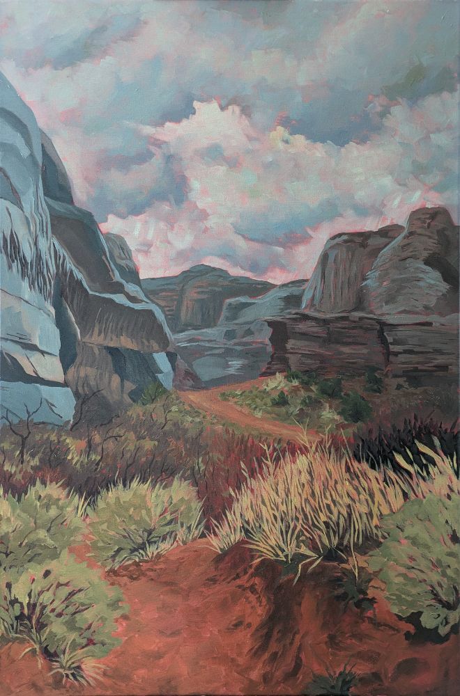 An oil painting of a rainy day's hike outside of Moab. The rocks are wet and shiny and the trail is soaked and vibrantly colored. The plants look dry and crispy, thankful for the rain after a long time without.