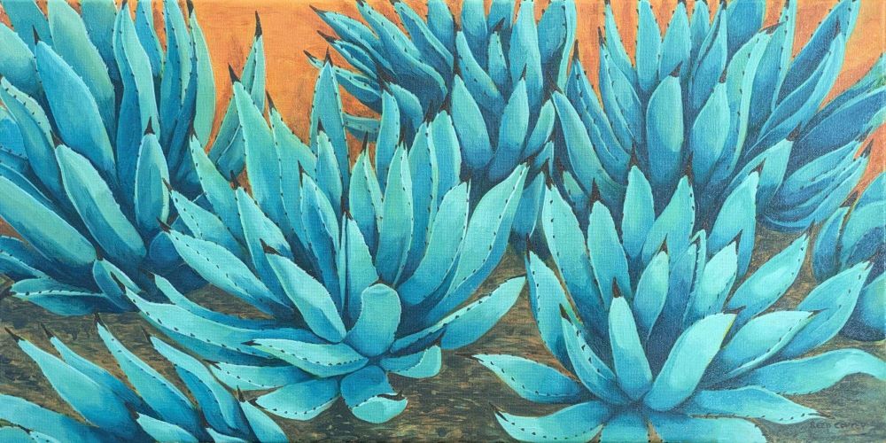 An oil painting of a cluster of blue agaves against an orange background.