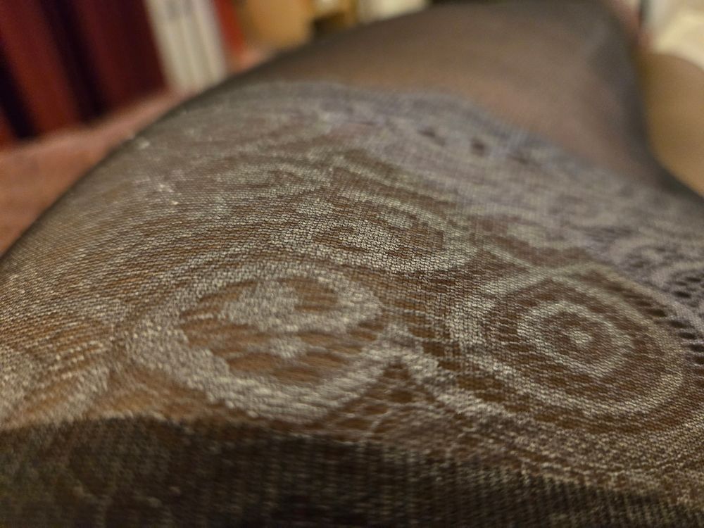 A closeup of Mona in semi-opaque black nylon tights layered over light gray lace panties. 