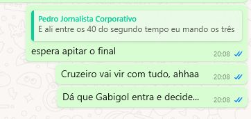 Print de Whats explicando a história que quer mandar antes o card do resultado do jogo e eu dizendo "dá que Gabigol entra no final e decide".