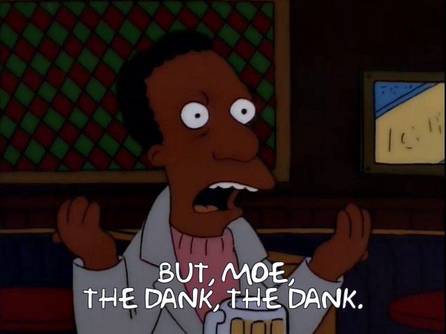 Carl from The Simpsons upset at Moe turning his disgusting bar into a family restaurant: "But, Moe, the dank, the dank." 