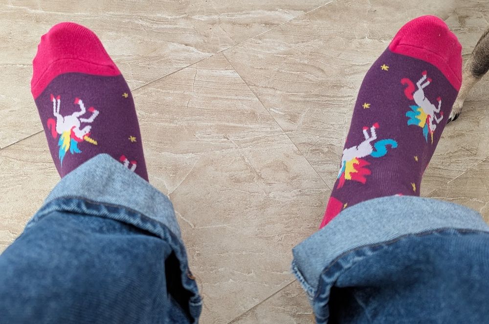 Purple and pink winged unicorn socks. Being worn by a 53 year old man.