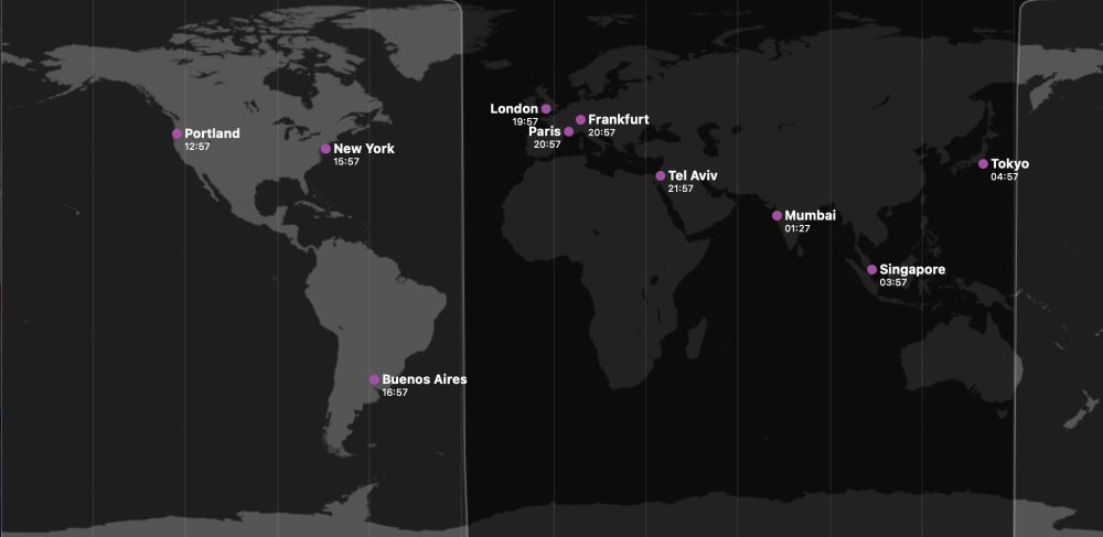 Mercator day/night map showing the almost vertical demarcation around the equinox.