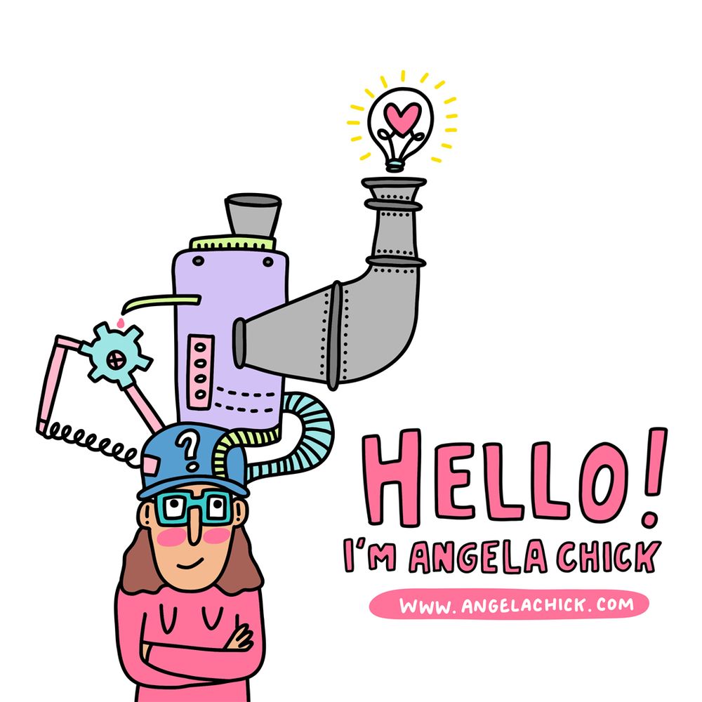 An illustration of a white woman with brown hair and pink cheeks. She is wearing a hat that has lots of machinery coming off of it with a lightbulb at the top. There is hand lettering to the right that reads "Hello! I'm Angela Chick www.angelachick.com"