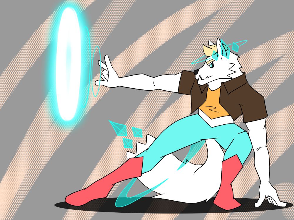 an anthropomorphic white wolfdog crouched on the ground, holding out his hand to fire his celestial powers