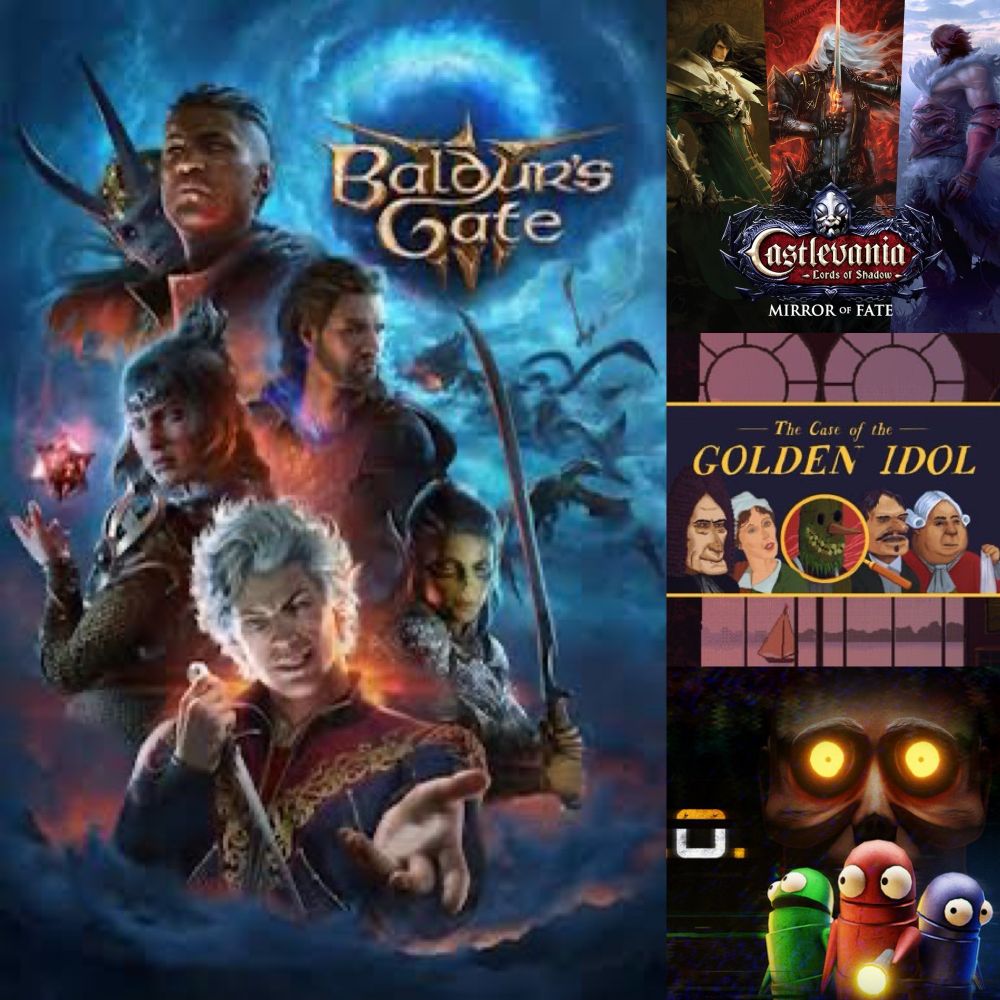 Cover art for four games, including Baldur’s Gate 3, Castlevania: Lords of Shadow Mirror of Fate, The Case of the Golden Idol, and R.E.P.O.