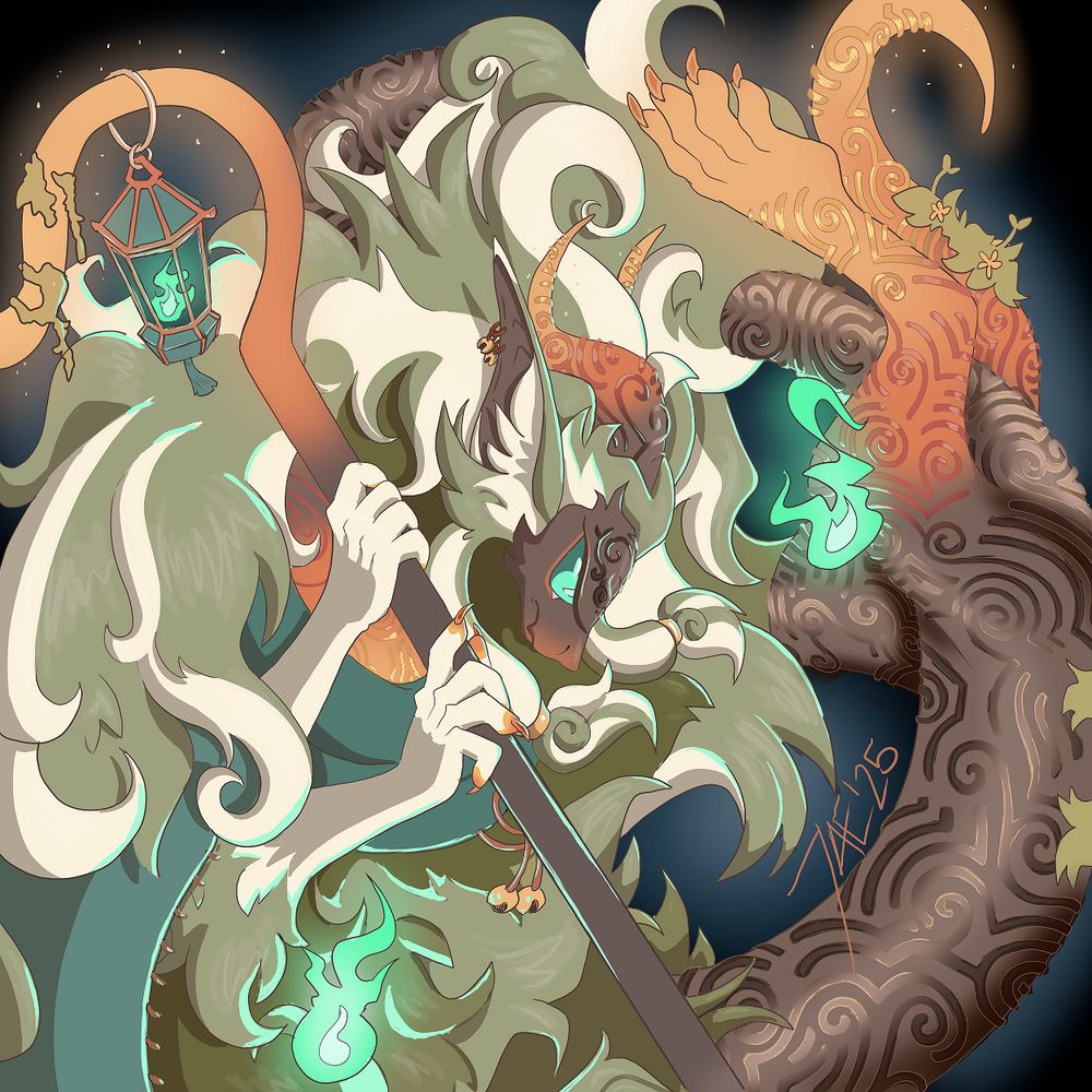 Helixel's Dragon-like spirit of the forst wrapped around in a circle with several blue flames emitting light