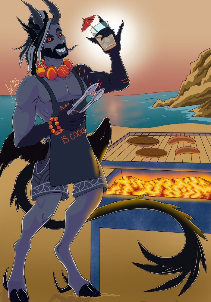 The Fowldyr Teide grilling at the beach, holding a pair of tongs and raising a glass of tea