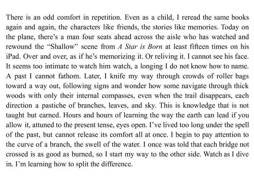Resisting the Rewind

There is an odd comfort in repetition. Even as a child, I reread the same books again and again, the characters like friends, the stories like memories. Today on the plane, there’s a man four seats ahead across the aisle who has watched and rewound the “Shallow” scene from A Star is Born at least fifteen times on his iPad. Over and over, as if he’s memorizing it. Or reliving it. I cannot see his face. It seems too intimate to watch him watch, a longing I do not know how to name. A past I cannot fathom. Later, I knife my way through crowds of roller bags toward a way out, following signs and wonder how some navigate through thick woods with only their internal compasses, even when the trail disappears, each direction a pastiche of branches, leaves, and sky. This is knowledge that is not taught but earned. Hours and hours of learning the way the earth can lead if you allow it, attuned to the present tense, eyes open. I’ve lived too long under the spell of the past, but cannot release its comfort all at once. I begin to pay attention to the curve of a branch, the swell of the water. I once was told that each bridge not crossed is as good as burned, so I start my way to the other side. Watch as I dive in. I’m learning how to split the difference. 

