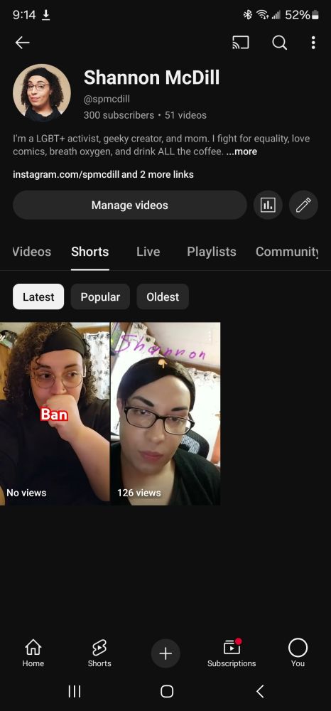Screenshot of the Shannon McDill YouTube shorts page. Two thumbnails show the change in Shannon's appearance between her latest video and the last one she posted in 2018
