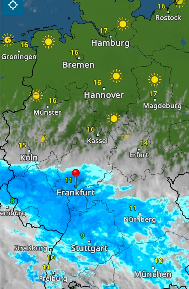 Deutschlandkarte mit dem aktuellen Wetter - über Süddeutschland ist ein riesiges Regengebiet, das heute und morgen dauerhaft bleibt. Im Norden dagegen strahlender Sonnenschein 