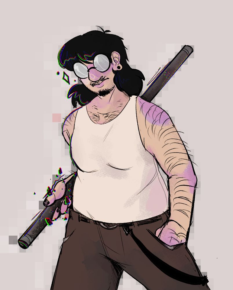 drawing of a chubby, hairy man from the knee up holding a long, metal pipe. he's wearing a tank top and glasses that obscure their eyes. there is a glitching effect.