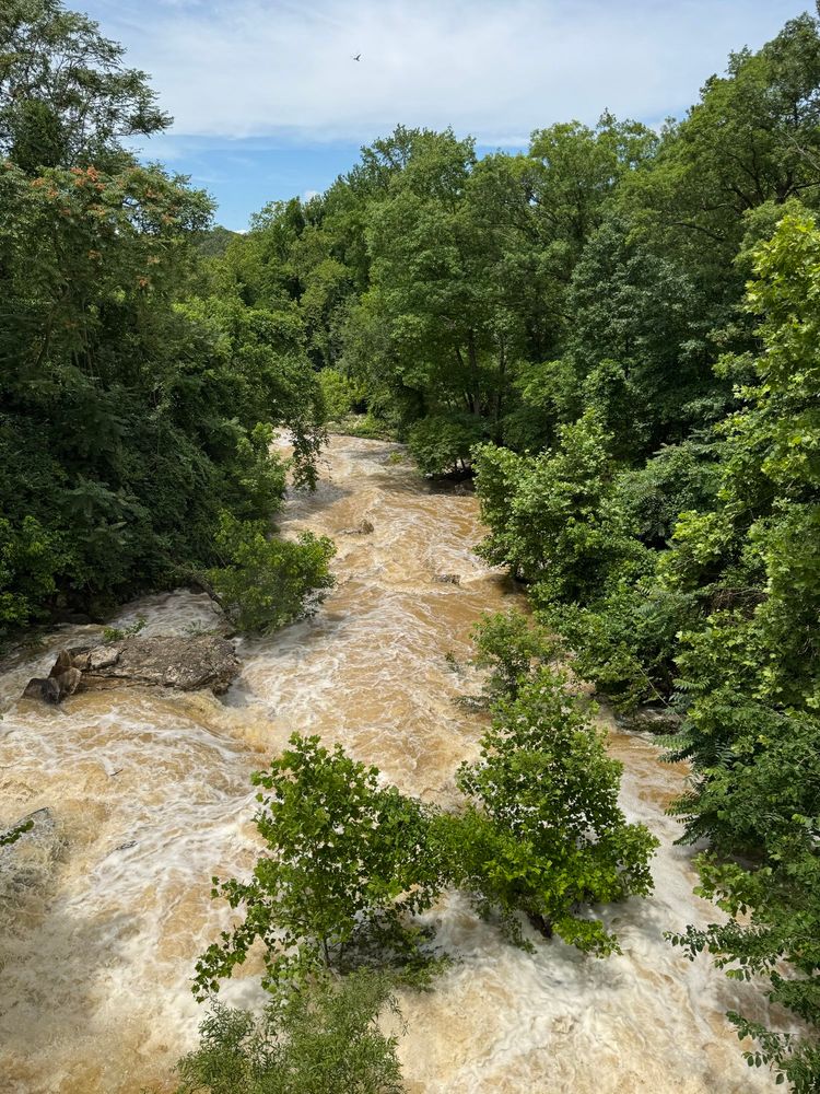 The other side opposite the spillway is usually calm, but looks like rushing white water rapids on top of trees right now.