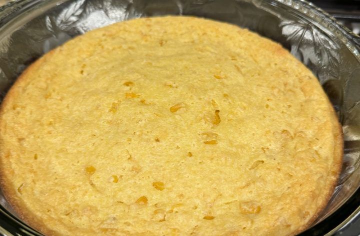Corn casserole in my favorite green glass baking dish. 