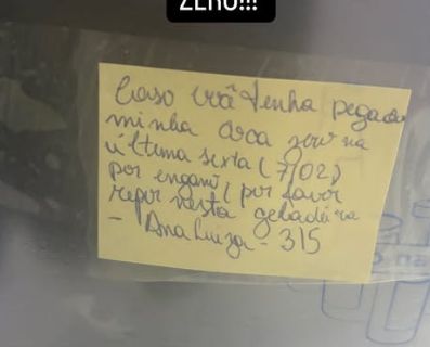 post-it amarelo com os dizeres "caso você tenha pegado minha coca zero na última sexta (7/02) por engano, por favor repor nesta geladeira - Ana Luiza - 315
