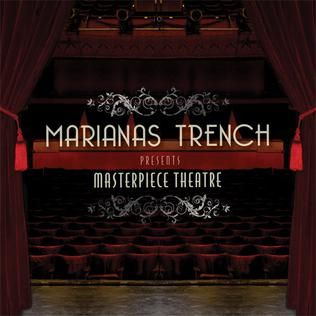 album cover for marianas trench's album, masterpiece theatre. it depicts an auditorium with red curtains on either side, red seats, and a balcony.
