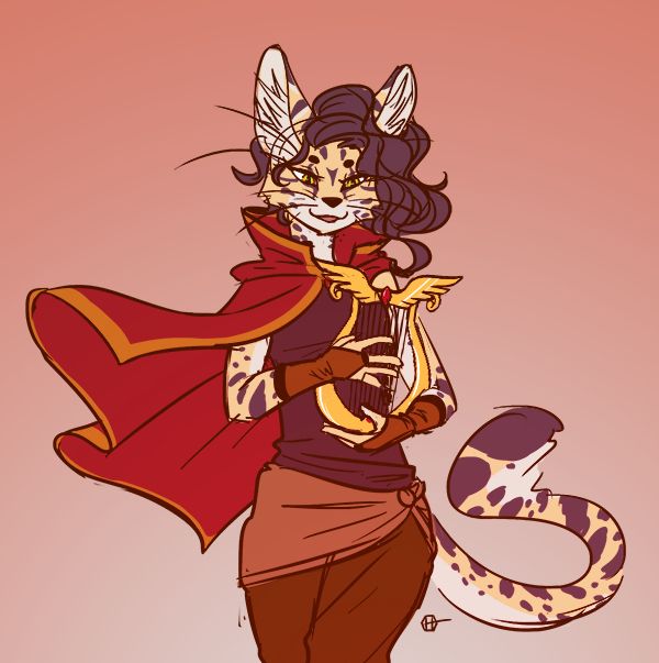 digital illustration of ashes in eyes, a tabaxi bard, playing a little winged lyre. she's based off a serval. she has wavy brown hair that's longer on one side. she's wearing a brown sleeveless shirt, a hip-length red cloak, a light red sash, and red-brown pants.