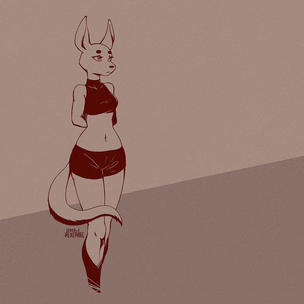 digital art in monochrome brown of a petite femme anthro character with a smallish snout, tall triangular ears, and a long, furry tail. she's wearing a sleeveless crop top and short shorts.