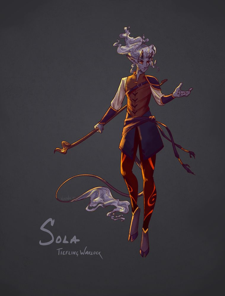 digital illustration of sola, a tiefling warlock, floating with a wooden cane in one hand. they have dark grey skin, cloven hooves for feet, a long thin tail that ends in a large wisp of smoke, and smoky hair that floats up from their scalp. they're wearing a top comprised of a brown leather vest, baggy off-white sleeves, dark brown forearm guards, and a dark blue sort of waist wrap that's split at the front. a long, dark purple cloth is tied around their waist, the two ends trailing with the ends bound in gold. they're wearing a pauldron on their left shoulder and their brown leggings have bright red swirl patterns on them.