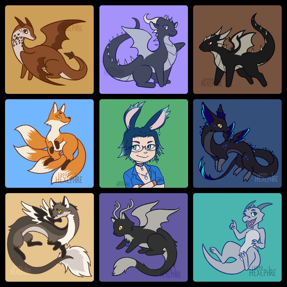 examples of 9 different lil' icon commissions. most are fullbody chibi creatures, but one is a bust of a chibi humanoid with bunny ears.