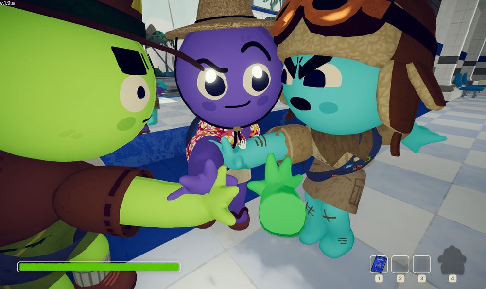 screenshot from PEAK. four characters stand in a circle in the lobby, reaching out into the middle to touch hands together.