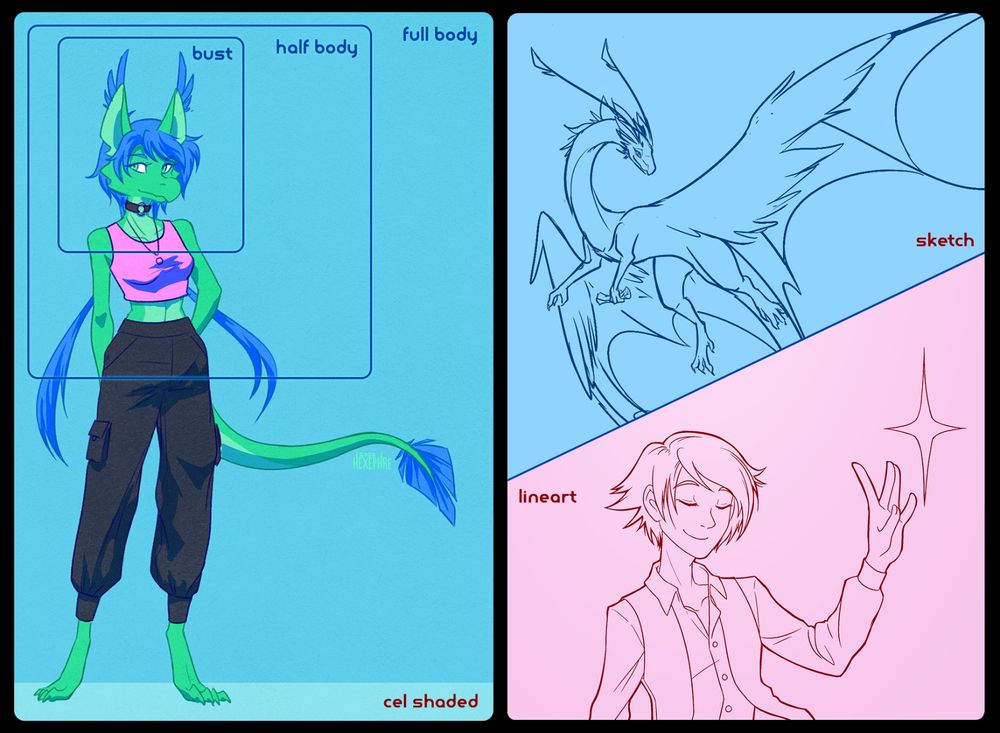 example of different finishes for commissions. on the left is a fullbody piece with rectangles showing the cutoff for a bust, half body, and fullbody. on the right are two pieces, one a sketch, and one clean lineart.