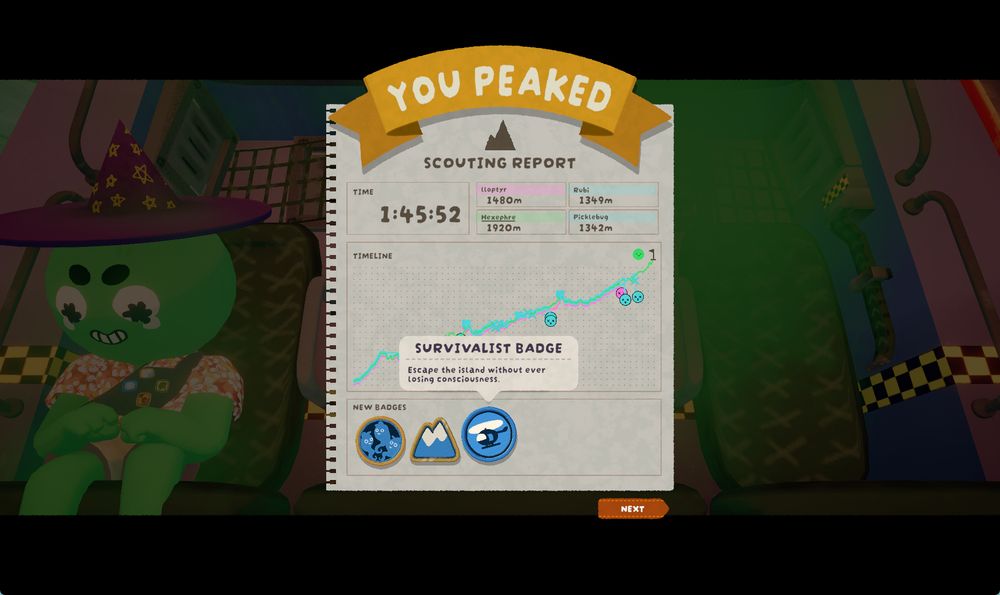 screenshot of the win screen for PEAK. i made it to the top, with 3 friends joining me as ghosts for the final stretch. i also got the survivalist badge for not losing consciousness through the whole climb.