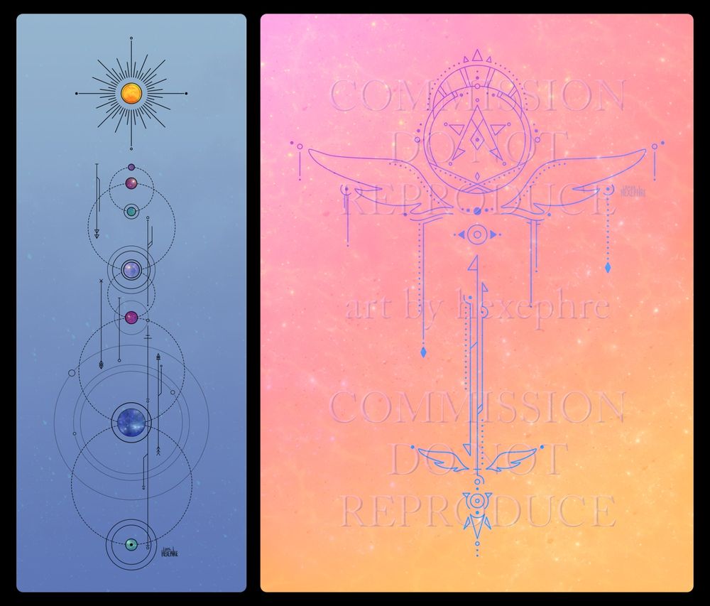 two examples of geometric tattoo design commissions. on the left is a fictional solar system, with lines and circles for embellishment. on the right is a magical wand like design, with wings, stars, and dangling lines.