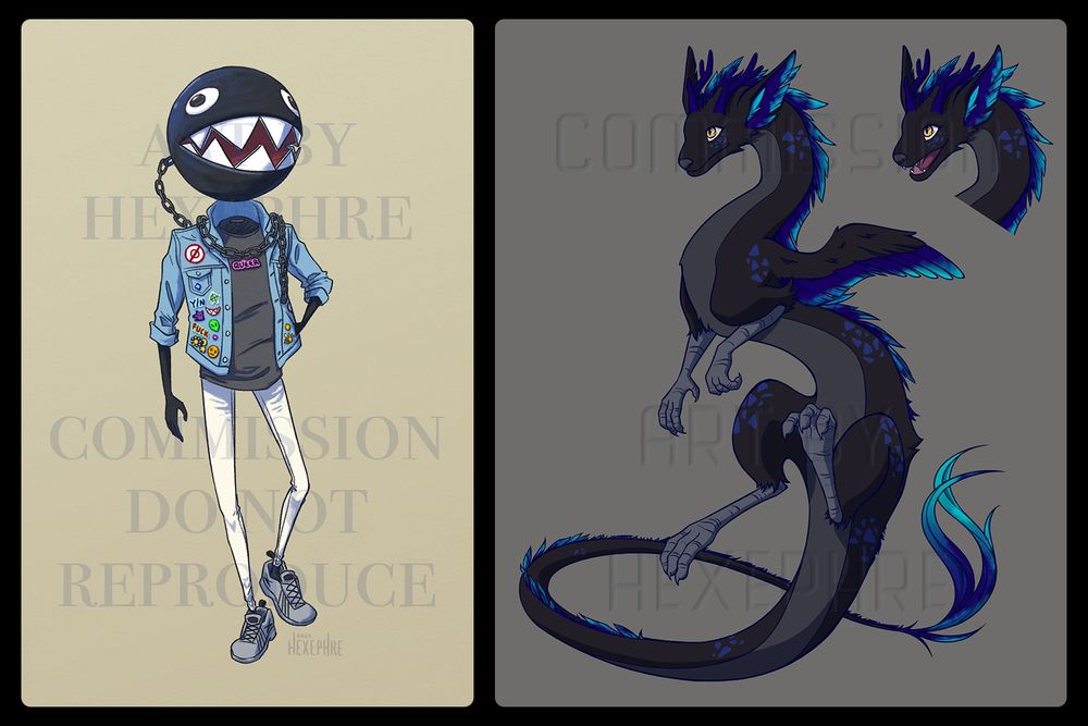commission examples of character designs. on the left is a lanky humanoid with a floating chain chomp for a head. on the right is a long serpentine black dragon, along with an alternate expression for the face.