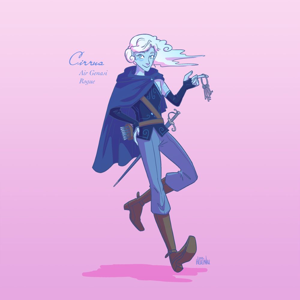 digital illustration of cirrus, a genasi rogue, swinging a ring of keys on his finger. he has light blue skin and blue swirly patterns under his eyes.his hair is white and drifts off to the side into a cloud shape. he's wearing a dark blue sleeveless vest, long fingerless gloves, a blue hooded cloak, light blue pants, and calf-height leather boots.