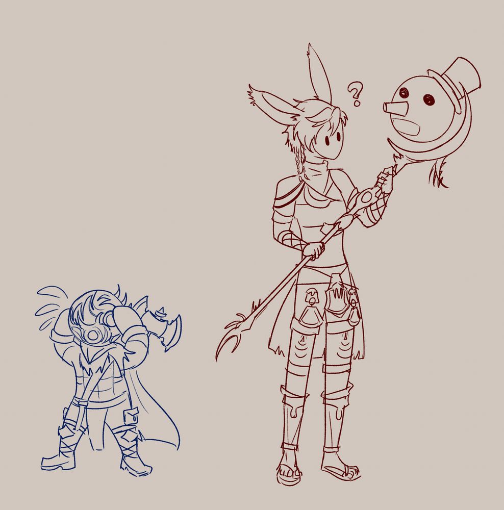 digital sketch of a lalafell warrior and a viera black mage. the viera is looking at their staff in confusion, as the orb at the top has been replaced by a snowman head. the lalafell is panicking and clutching his head, which has swapped with the orb.
