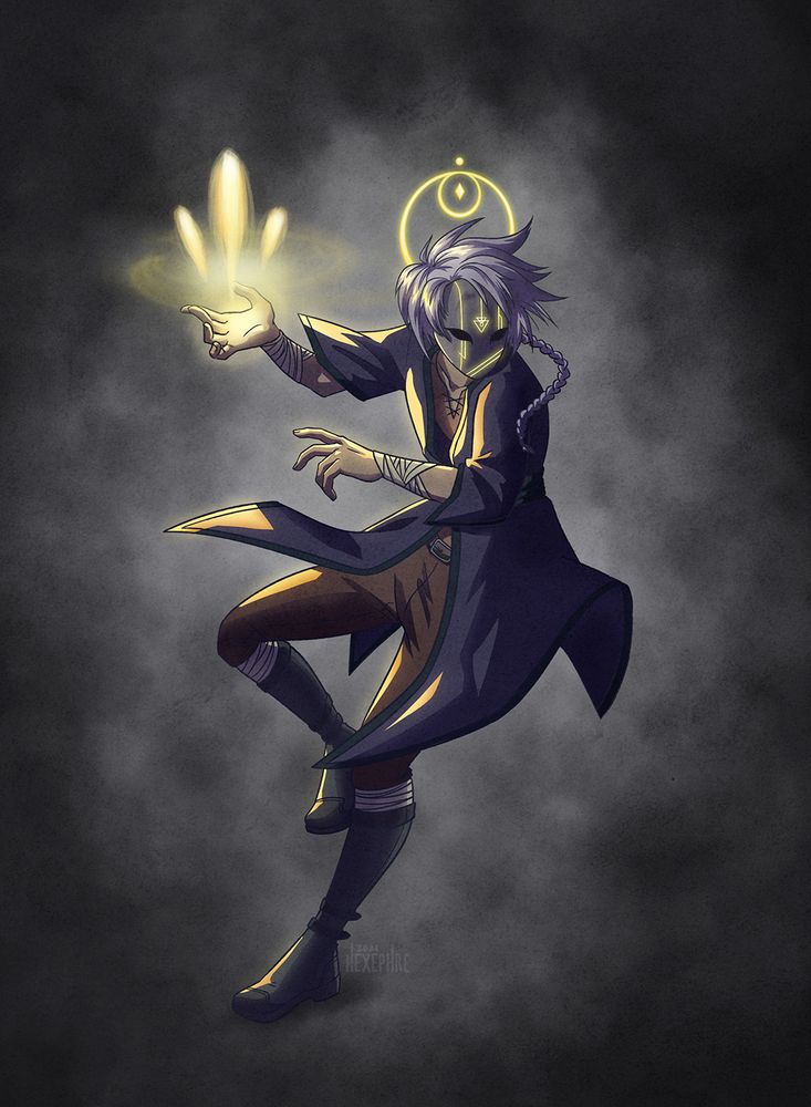 digital illustration of sefrael, a scourge aasimar sorceror, casting a spell made of three yellow-white bolts. they have medium-dark greyish skin and short, spiky silver hair with a thin braid at the back that whips forward. their face is obscured by a grey mask with glowing yellow lines. they're wearing a blue-grey cloak over a brown shirt and pants, and calf-high grey boots with their calves underneath wrapped in white cloth, which is also present on their wrists and forearms.