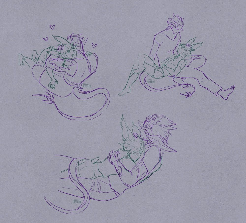 three digital sketches of two ffxiv characters cuddling. xephre, a viera, is drawn in green; khutu, an au ra, is drawn in purple. in the top left, he's hugging xephre tightly, surrounded by hearts, while they try to wriggle out with an annoyed expression. on the top right, they're leaning with their back and head in his lap, looking up at him with a smile, and he's looking back at them with his hand in their hair. on the bottom, they're lying on his chest with their arms wrapped around him, their eyes closed with a slightly troubled expression; he has one hand on their back and the other on their head and smiles softly as though comforting them.