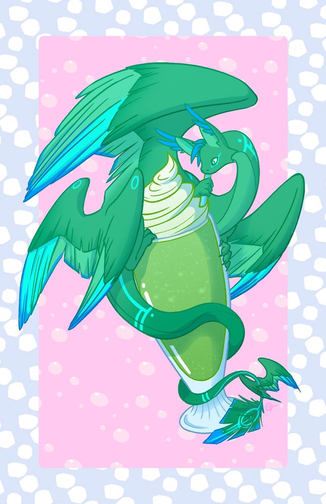 digital illustration of a long, green dragon with six feathered wings, perched on a tall glass filled with a green drink. the drink is topped with whipped cream and the dragon is drinking it out of a straw. the background is a pink rectangle with bubbles over it, and a light blue border with white dots.