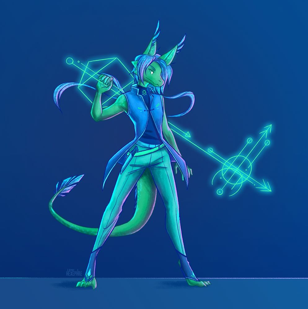 digital illustration of a green anthro dragon. they have tall, triangular ears with blue feathres on the ends and a long tail with a feathery spade-shaped end. their hair is short and blue except for two long tendrils at the back. they're wearing a long blue vest over a dark blue sleeveless shirt, light teal pants with blue foot straps, and mint-coloured belts with a kinfe attached on one hip. they hold a glowing geometric keyblade-type weapon over their shoulder and look at the viewer with a serious expression.