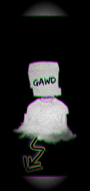 A torso with a white shirt and over its head is a paper bag with the words God written in graffiti emerging from a cloud which has a graffiti lightning out the bottom. The whole GIF has scan lines and occasionally glitches