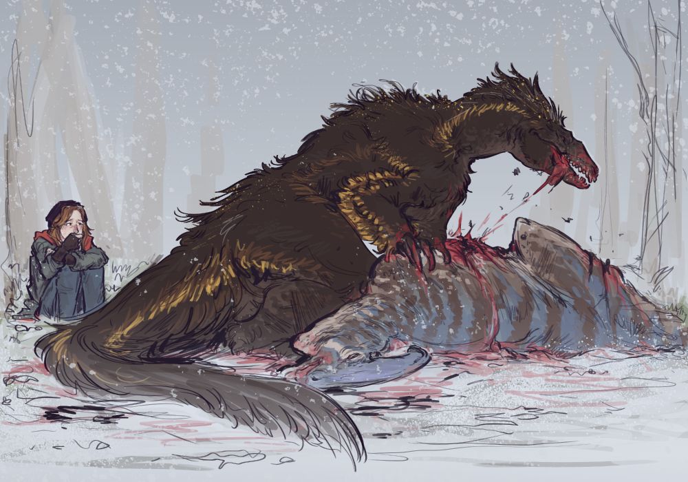 Maisie watching the Indoraptor feed on a Parasaurolophus.