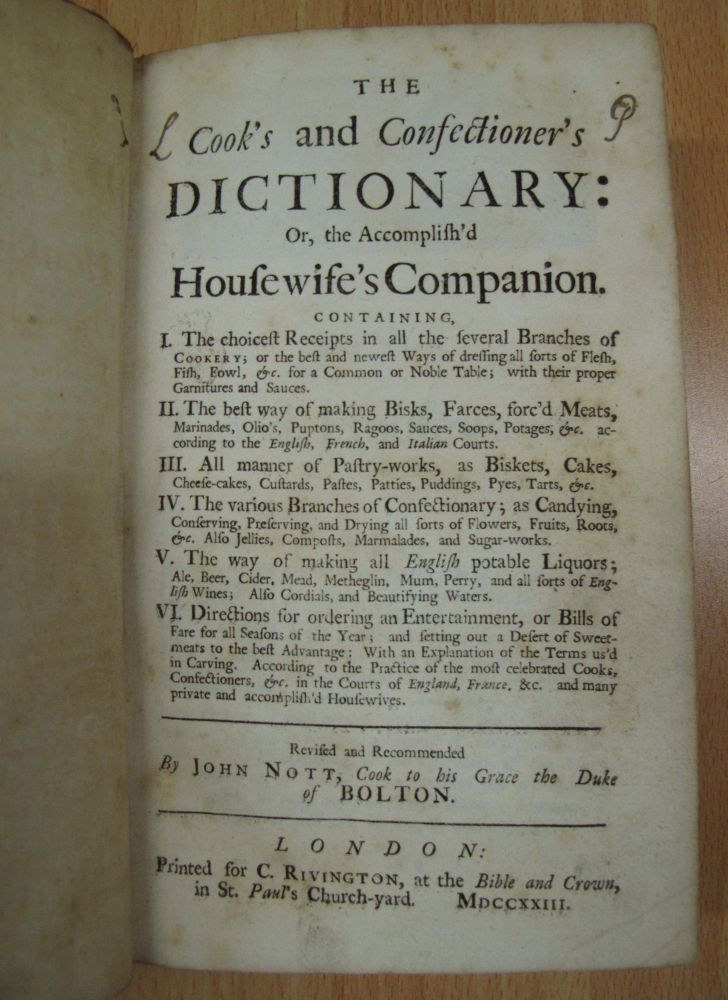 Title page of 'The Cook's and Confectioner's Dictionary: Or, the Accomplish'd Housewife's Companion.', published in 1723.