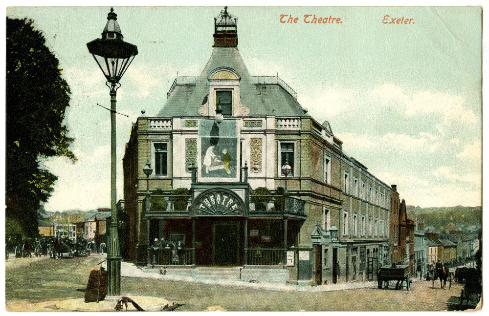 Colourised postcard showing the last Theatre Royal on the corner of Longbrook Street and New North Road.