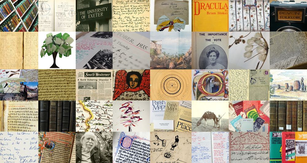Collage of 40 images of archives and rare books held at the University of Exeter Special Collections.