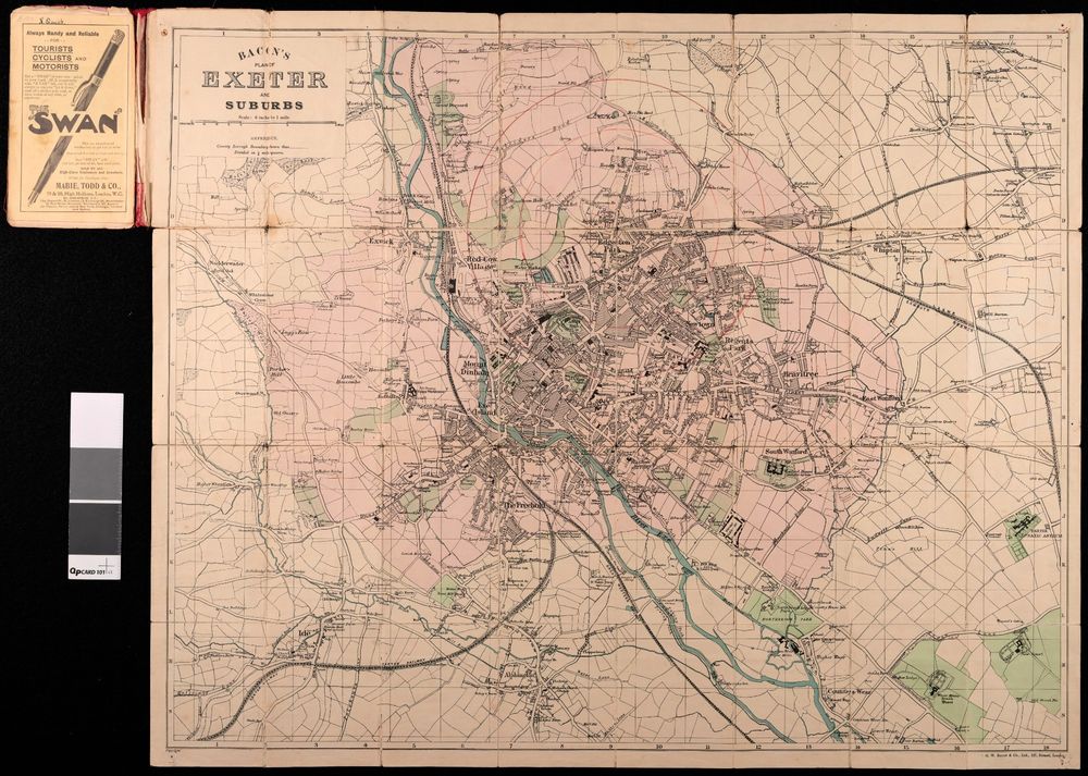 Unfolded chromo-lithograph street plan of Exeter, titled 'Bacon's Plan of Exeter and Suburbs'. It can fold back into a small red cover. The plan shows the city of Exeter, as well as the surrounding countryside, indicating how the city was expanding.