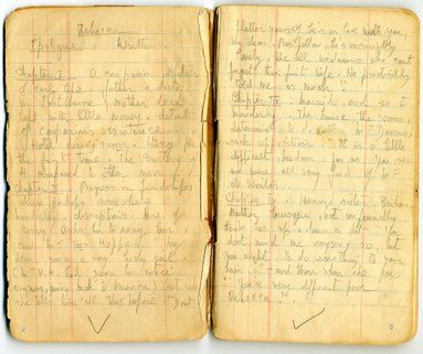 An opened notebook, showing two pages of yellow lines paper. The first page bears the title 'Rebecca'. Plot notes for the first few chapters of the novel are written by Daphne du Maurier in pencil.
