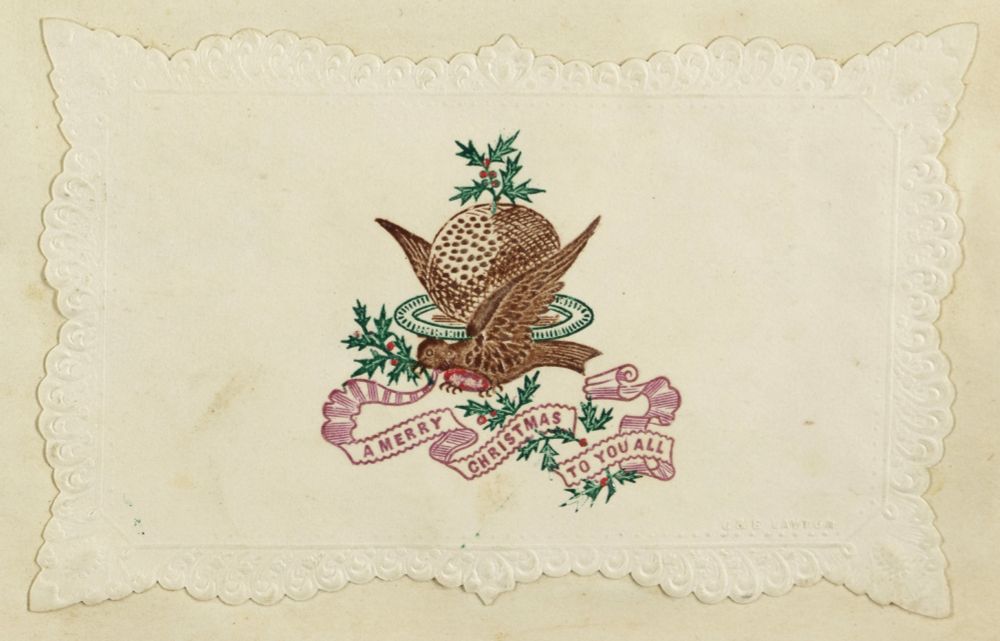 White card showing an illustration of a robin carrying a Christmas pudding on a plate on its back. There is a sprig of holly on the pudding, and a sprig of holly in the robin's beak. A ribbon under the robin has text written on it, reading: 'A MERRY CHRISTMAS TO YOU ALL'.