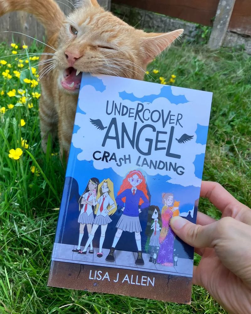 Photo of a hand holding a copy of Undercover Angel: Crash Landing with a cat biting the top left corner