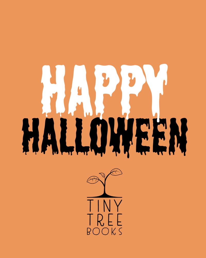 Black and white text on an orange background. Text reads: "Happy Halloween"