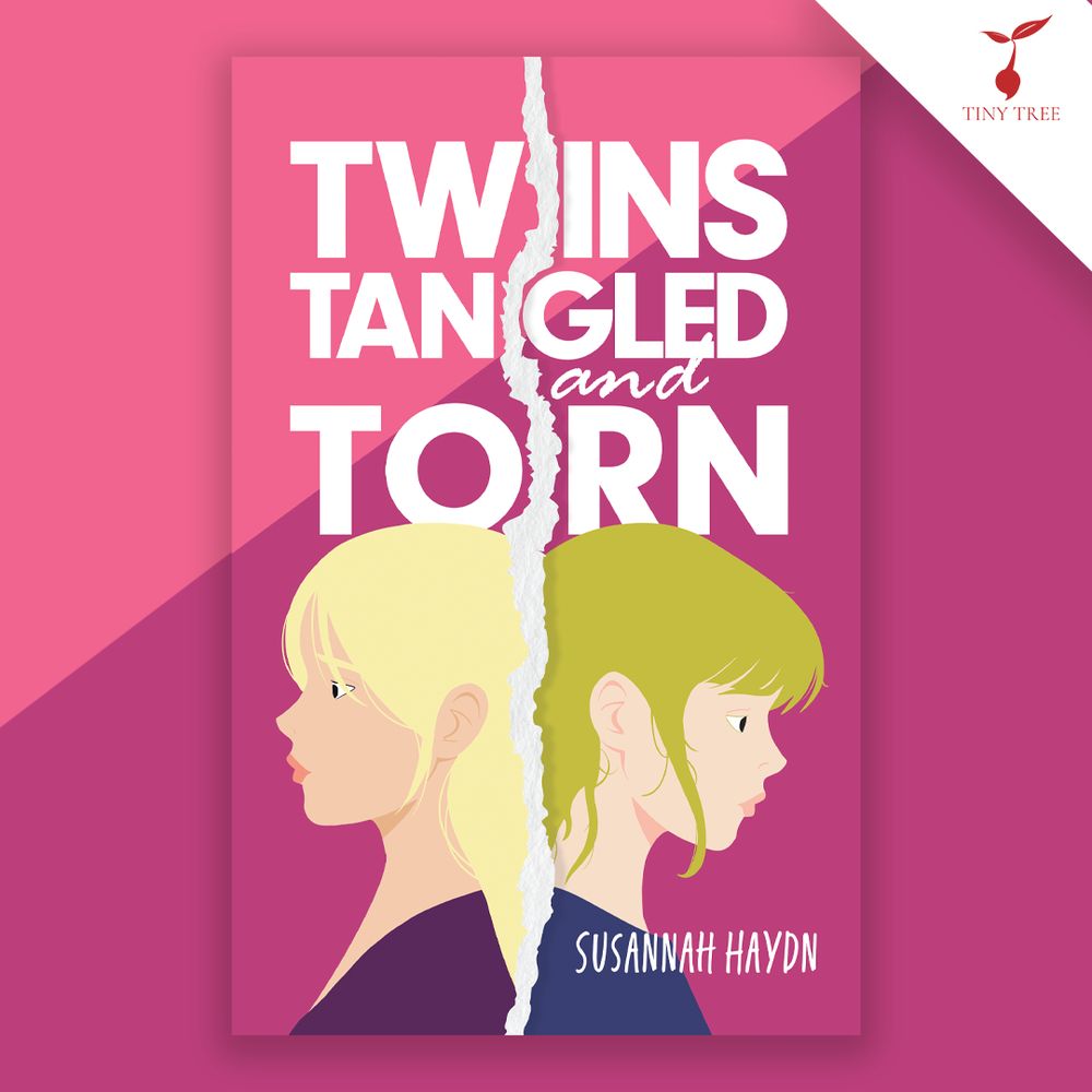 Cover of Twins, Tangled and Torn on a split light and dark pink background.
