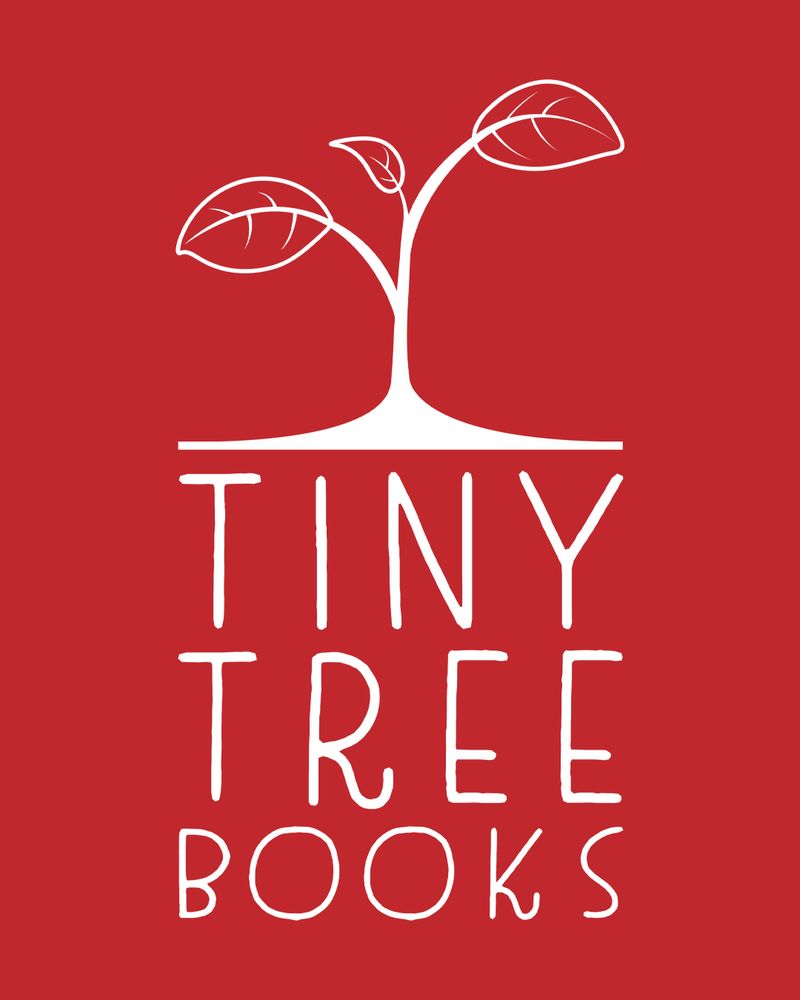 Image of the new Tiny Tree logo (a white sprout with three small leaves) on top of Tiny Tree Books in white text. All of this is on a red background.