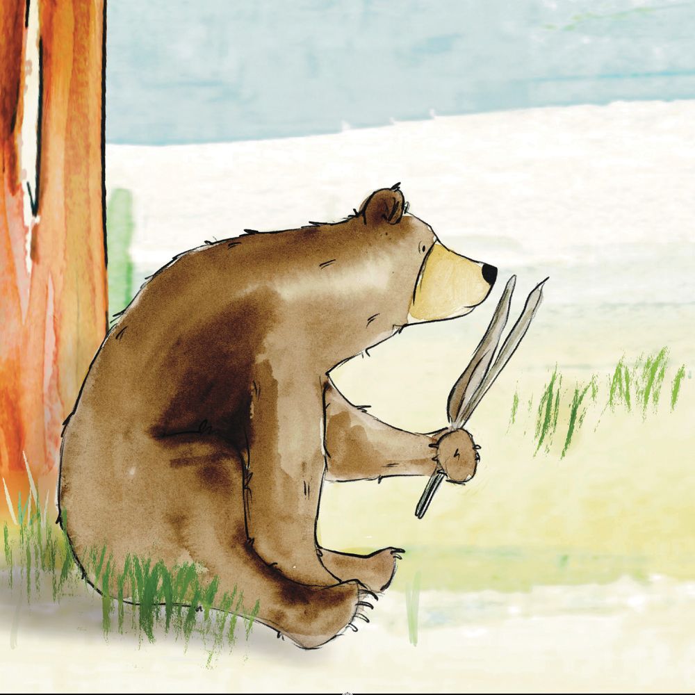 Illustration of Cyril the brown bear sitting down with a feather.