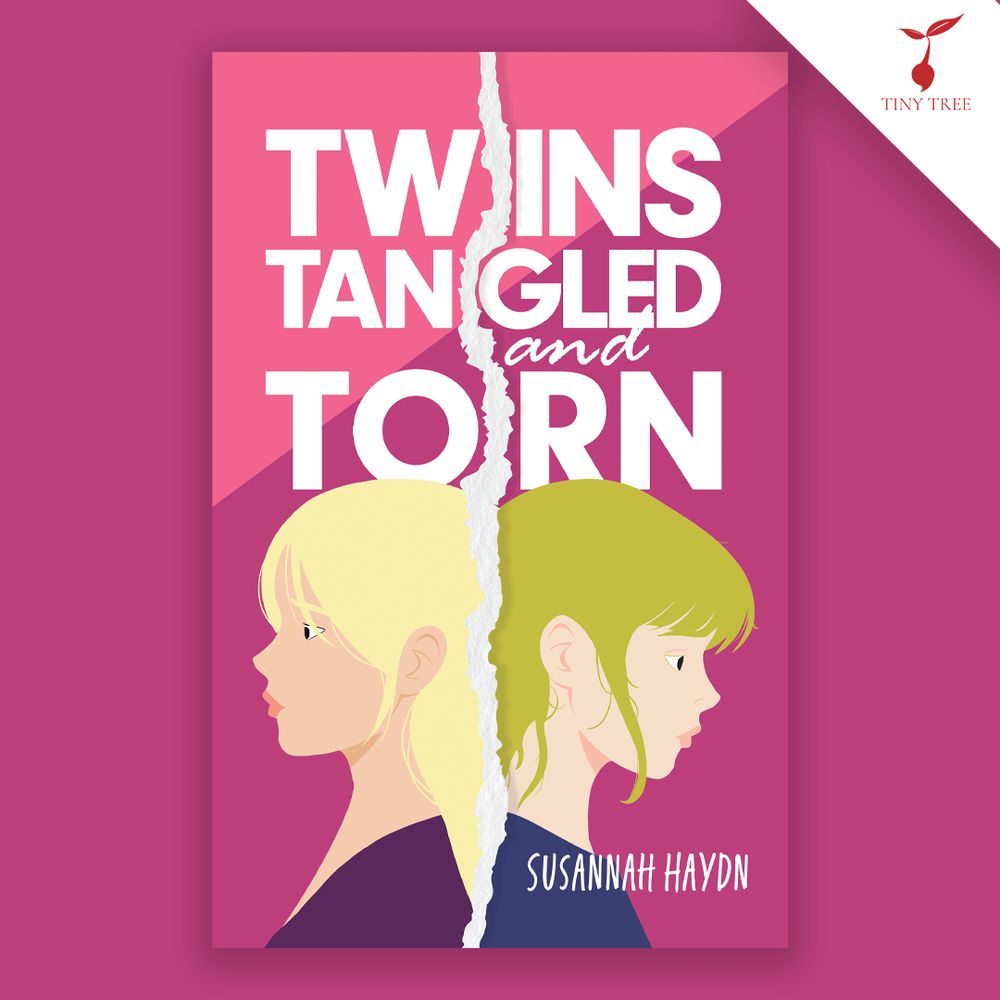 Cover of Twins Tangled and Torn on a dark pink backround.