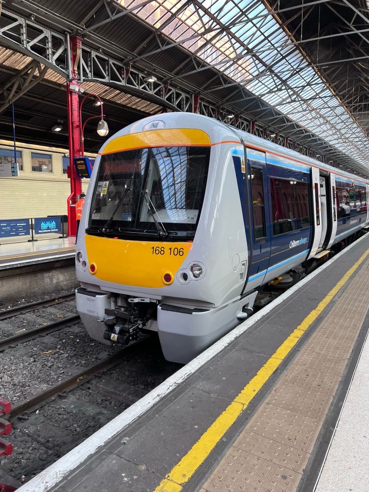 Picture of freshly painted Class 168 train. 